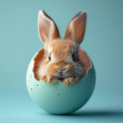 baby rabbit in a egg on blue background, AI generated - obrazy, fototapety, plakaty