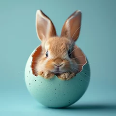 Foto op Aluminium baby rabbit in a egg on blue background, AI generated © Frédéric Prochasson