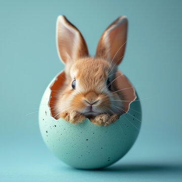baby rabbit in a egg on blue background, AI generated