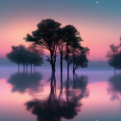 Fototapeta na wymiar Tranquil Sunset Lake with Silhouette Trees
