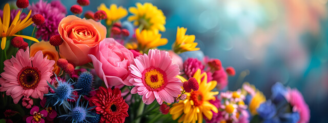 Colorful vibrant bouquet of various flowers on a spring banner for 8 March and Mother's Day celebrations.