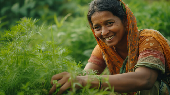 Indian woman picking Cumin by hand