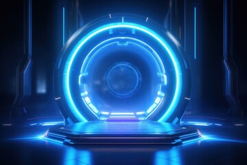 Podium for displaying products,Blue hologram portal. Magic fantasy portal. Magic circle 