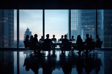 blurred silhouette of business people in a dark meeting room 
