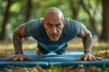 Bald man doing push-ups on an exercise mat in the park. - obrazy, fototapety, plakaty