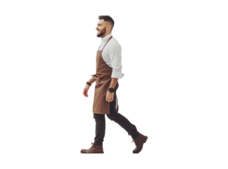 Full body side view smiling happy young man barista barman employee wear brown apron work in coffee shop walking going