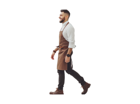 Full body side view smiling happy young man barista barman employee wear brown apron work in coffee shop walking going