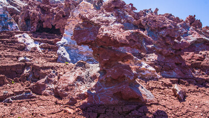 Red stones, blue sky, green water