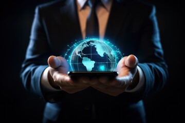  businessman hand holding cellphone with creative glowing globe hologram 