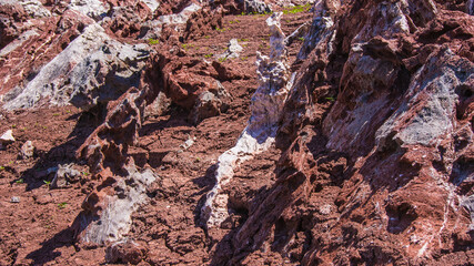 Red stones, blue sky, green water