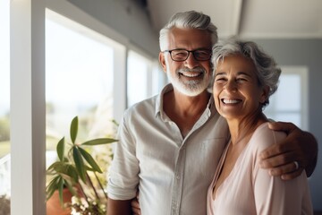 Close up portrait of aged senior couple holding hands and smiling standing at home.