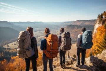 Group of men and women hikers with backpacks 