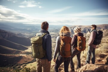 Group of men and women hikers with backpacks 