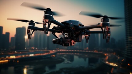 Fototapeta premium Black and White Photo of a Flying Quadcopter