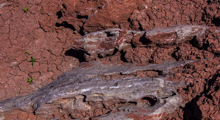 Red stones, blue sky, green water