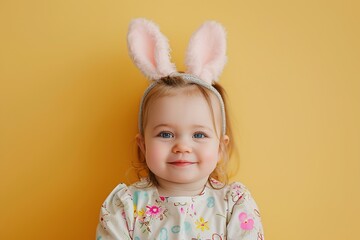 Obraz na płótnie Canvas Adorable toddler girl wearing bunny ears headband smiling at the camera. Isolated on yellow background. Perfect for Easter or spring-themed projects.