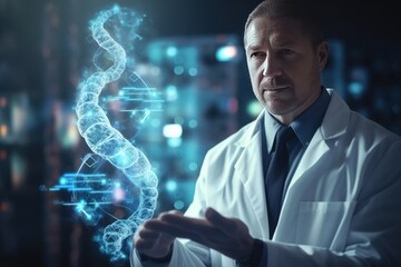 Medicine doctor holding blue helix DNA structure on hologram modern virtual 