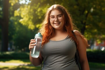 Overweight young fat woman wearing sportswear, drinking a water 