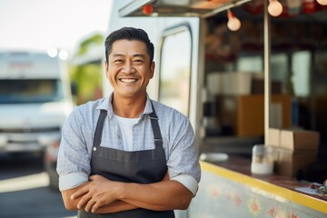 Portrait happy middle aged asian male smiling , food truck ,small business concept,