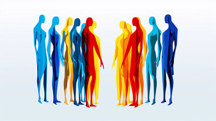 colorful silhouette of people in two groups facing each other to illustrate conflicts in communication