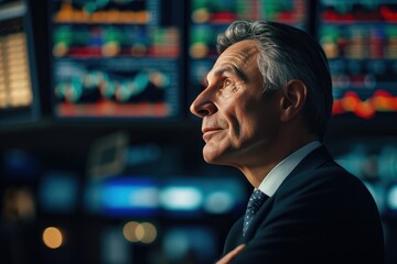 Portrait professional middle aged businessman in suit in stock market	