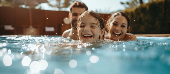 Small family with young daughter playing in outdoor backyard swimming pool.