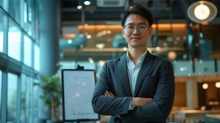 Smile Asian Confident portrait of a businessman exuding confidence in modern office