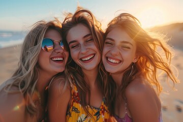 Fototapeta premium three female friends making fun on the beach. party or celebration 