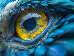 Vibrant blue iris shines in closeup of a majestic bird's piercing gaze, framed by delicate feathers and captivating animal spirit