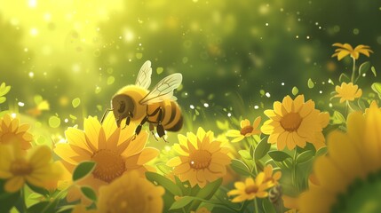 Bees pollinate food crops cute anime style - obrazy, fototapety, plakaty