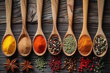 Various spices on wooden spoons, top view 