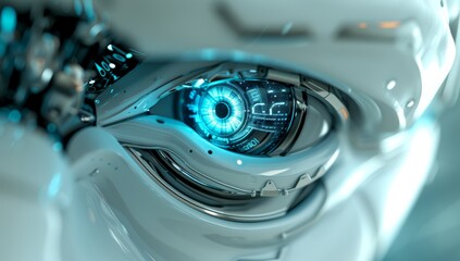 A gleaming silver robot eye stares back, its reflection capturing the sleek lines of a nearby car - obrazy, fototapety, plakaty
