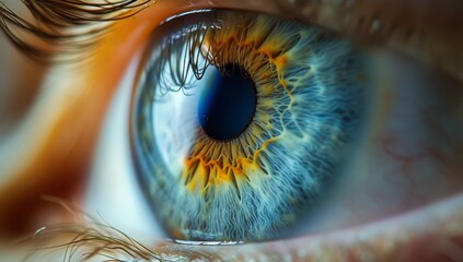 An intimate glimpse into the intricate beauty of a blue eye, showcasing the delicate layers of its iris, the graceful flutter of an eyelash, and the pulsing vitality of its blood vessels