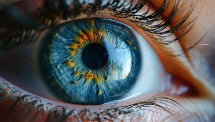 The intricate details of a deep blue iris reveal the inner workings of a delicate organ, framed by fluttering eyelashes and crisscrossing blood vessels, while the dilated pupil reflects a sense of wo