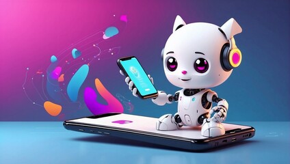 Adorable 3D Robot Character Interacting with Advanced Technology Smartphone Interface. Chat AI technology. GPT customer service landing. Cartoon cyber character. Vector illustration.