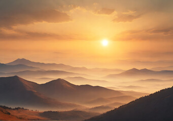 Fototapeta premium Mountain, landscape, Sun glow and lust sunlight in evening hazy sky. Mountain peaceful view. Climate, environment and travel concept scene