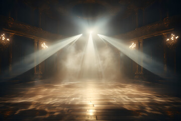 An empty stage lit up by spotlights and surrounded by smoke, with space for messages or logos in...