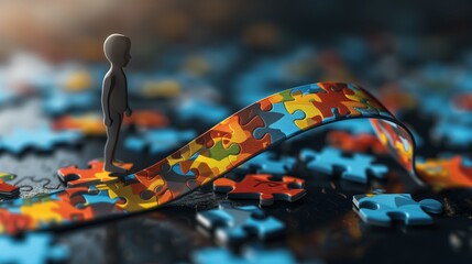 Kid with ribbon for World Autism Spectrum Disorder Awareness Day typically features a colorful puzzle pattern, symbolizing the complexity and diversity of individuals on the autism spectrum - obrazy, fototapety, plakaty
