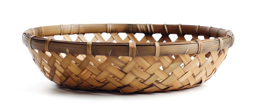 Wooden bamboo basket on white background, with work path for isolation.