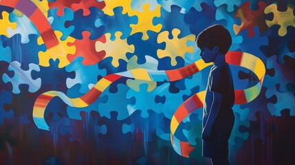 Kid with ribbon for World Autism Spectrum Disorder Awareness Day typically features a colorful puzzle pattern, symbolizing the complexity and diversity of individuals on the autism spectrum