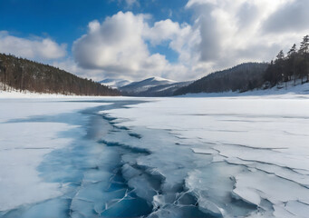 Cracks on the surface of the blue ice. Frozen lake in winter mountains. It is snowing. The hills of pines. Ukraine Europe