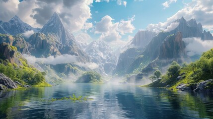 3d wallpaper landscape is hyper-realistic, photorealistic, and cinematic. water, mountains, sky clouds, and herbs