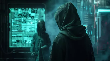Fotobehang Faceless hacker in a hoodie facing off against a cyber defender in a virtual arena, portraying the ongoing battle between cybersecurity professionals and cyber threats © CraftyImago