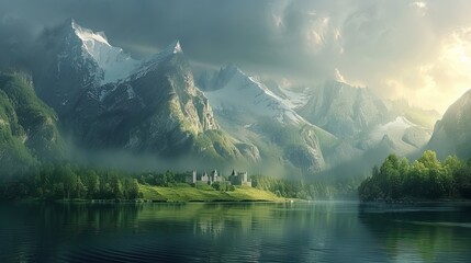 Fantasy medieval fantastic background with mountains and lakes