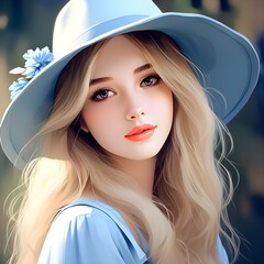 lady with blonde hair, close up face, with sky blue hat, generated with ai 
