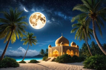 Muslim mosque beautiful illustration, glitter, green and golden mosque, with the moon, old theme, Generative Ai - obrazy, fototapety, plakaty