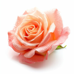 Single Peach Rose with Soft Focus and Dew Drops on Petals Isolated on White, Elegant Floral Macro, Symbol of Love and Romance
