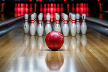 Perfect Strike in Action on Glossy Bowling Lane. - obrazy, fototapety, plakaty
