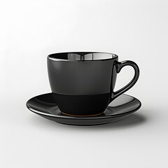 Taza negra, elegante en su simplicidad, que reposa en un entorno sereno. Su oscura superficie refleja la luz de manera sutil, creando un contraste cautivador. 