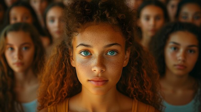 portrait of  young woman tanding  and looking at camera with straight face while crowds of men and women are whizzing around.